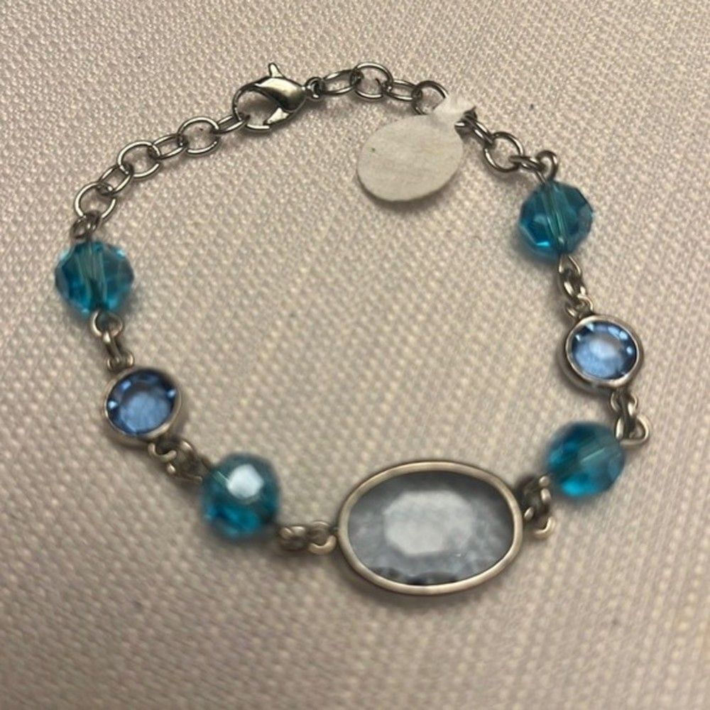 Handcrafted blue and clear bead silver tone bracelet